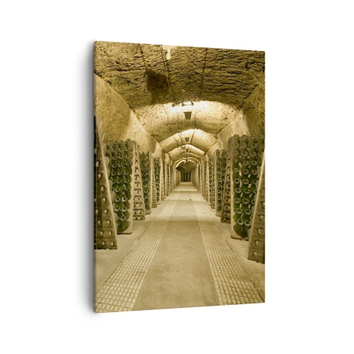 Cuadro sobre lienzo - Impresión de Imagen - Un viñedo con una bodega llena de botellas de vino expuestas en estantes de madera. - 50x70cm - El nacimiento del gusto - Decoración de pared moderna para salón y dormitorio ARTTOR