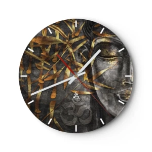 Reloj de pared - Reloj de vidrio - Imagen de Buda dorado con motivo de bambú y símbolo Om - 30x30cm - Siente la paz - Decoración de pared moderna para salón, cocina y dormitorio ARTTOR