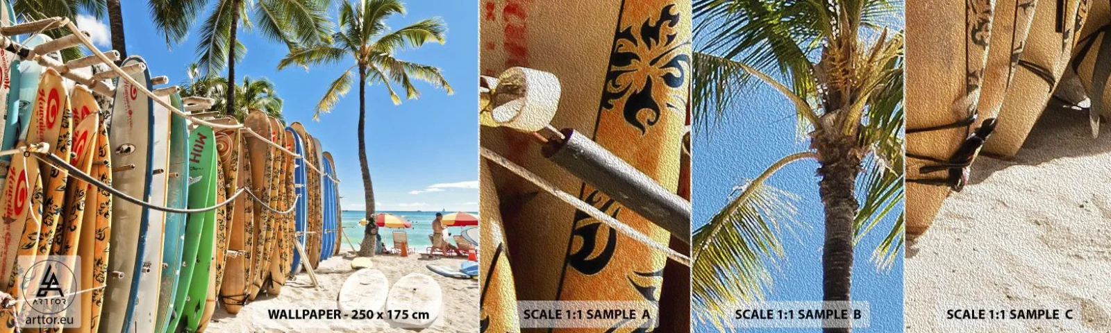 Muestra de fotomural Premium Sand - Diversión soleada - Paisaje, Tabla de surf, Playa - 100x30 cm