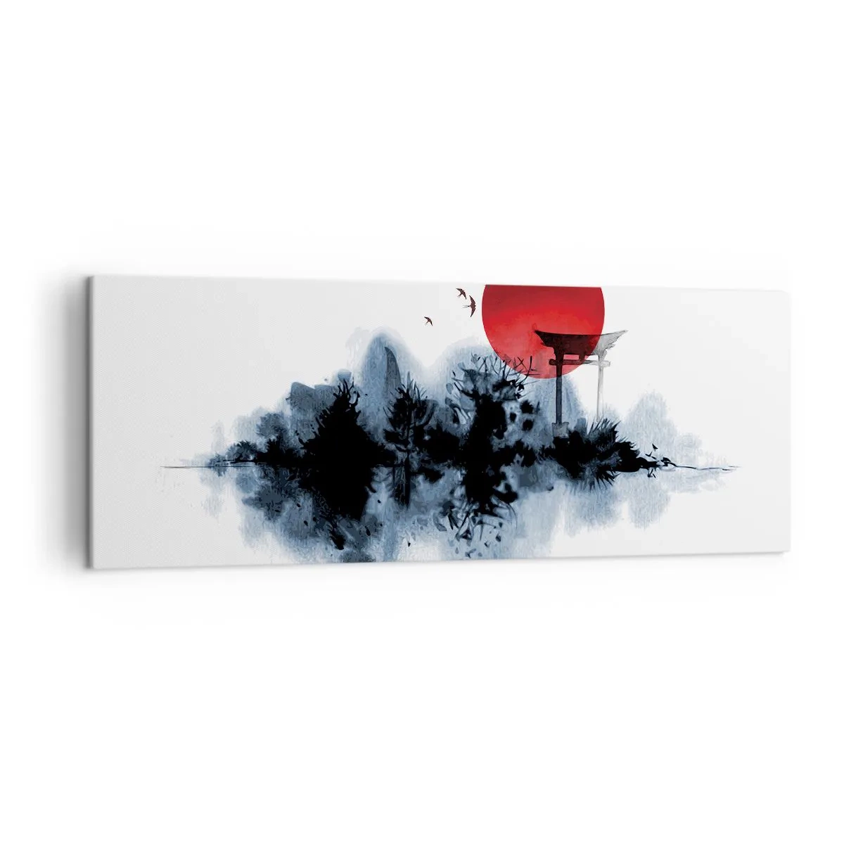 Cuadro sobre lienzo - Impresión de Imagen - Sol rojo sobre un paisaje pintoresco con torii - 140x50cm - Visión japonesa - Decoración de pared moderna para salón y dormitorio ARTTOR