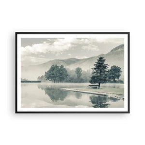 Póster en marco negro - Un pintoresco lago con un banco y niebla al fondo. - 100x70cm - El lago sigue durmiendo - Decoración de pared moderna para salón y dormitorio ARTTOR