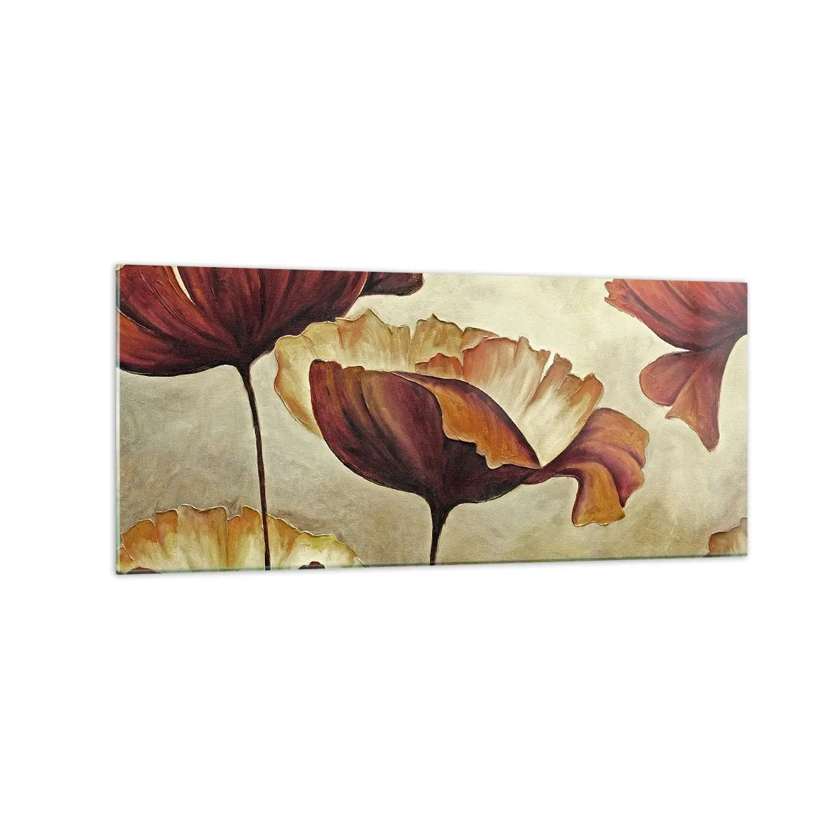 Cuadro sobre vidrio - Impresiones sobre Vidrio - Flores sutiles en tonos rojos y dorados sobre un fondo claro. - 120x50cm - Prado de prados - Decoración de pared moderna para salón y dormitorio ARTTOR
