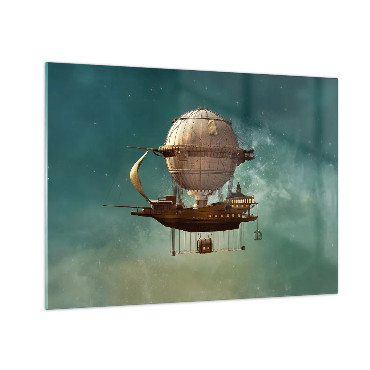 Cuadro sobre vidrio - Impresiones sobre Vidrio - Un dirigible volador con una casa de estilo retro en el cielo. - 70x50cm - Julio Verne saluda - Decoración de pared moderna para salón y dormitorio ARTTOR