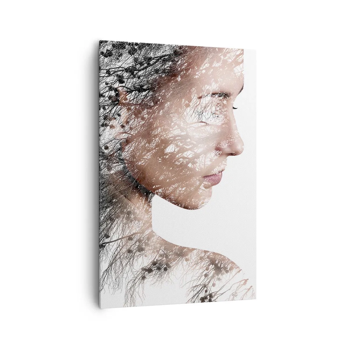 Cuadro sobre lienzo - Impresión de Imagen - Silueta de una mujer con una rama y un motivo de pájaro en el fondo. - 80x120cm - Espíritu del bosque - Decoración de pared moderna para salón y dormitorio ARTTOR