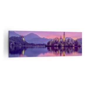 Cuadro sobre lienzo - Impresión de Imagen - Lago con una isla y una iglesia al atardecer - 160x50cm - Isla de cuento de hadas al atardecer  - Decoración de pared moderna para salón y dormitorio ARTTOR