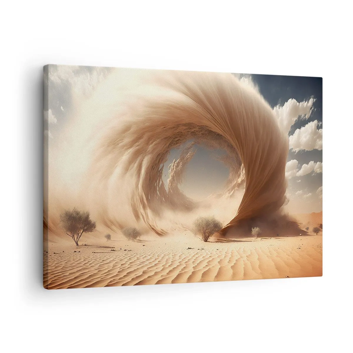 Cuadro sobre lienzo - Impresión de Imagen - Remolino de arena dinámico en un desierto con árboles - 70x50cm - Portal abierto - Decoración de pared moderna para salón y dormitorio ARTTOR