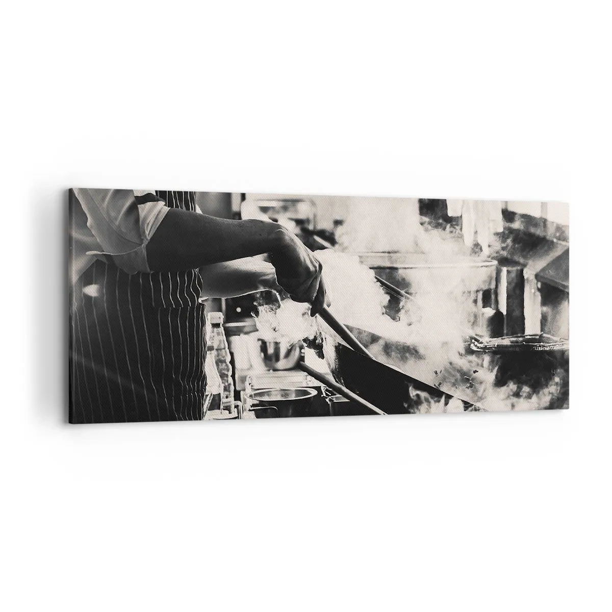 Cuadro sobre lienzo - Impresión de Imagen - Un chef trabajando en la cocina con vapor saliendo de una sartén. - 120x50cm - Alquimia de sabores - Decoración de pared moderna para salón y dormitorio ARTTOR