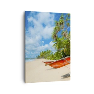 Cuadro sobre lienzo - Impresión de Imagen - Playa tropical con palmeras y barcos coloridos. - 50x70cm - El encanto de los trópicos - Decoración de pared moderna para salón y dormitorio ARTTOR