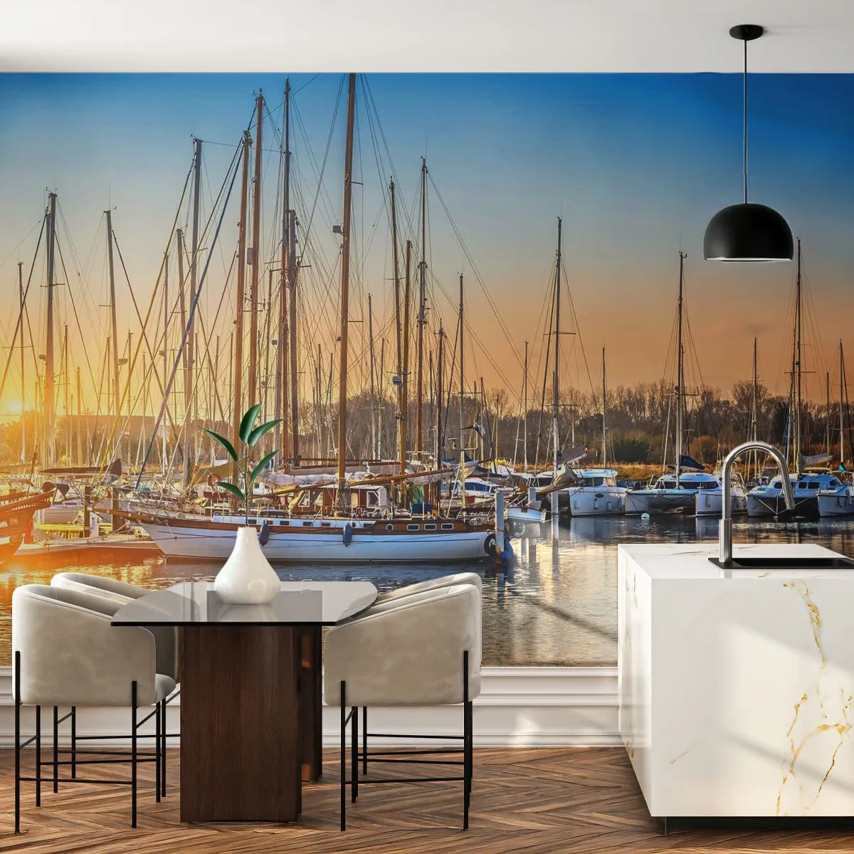 Fotomural Premium Sand - Yates y veleros en el puerto al atardecer - 100x70cm - El viento debe dormir también - Decoración de pared moderna para salón y dormitorio ARTTOR