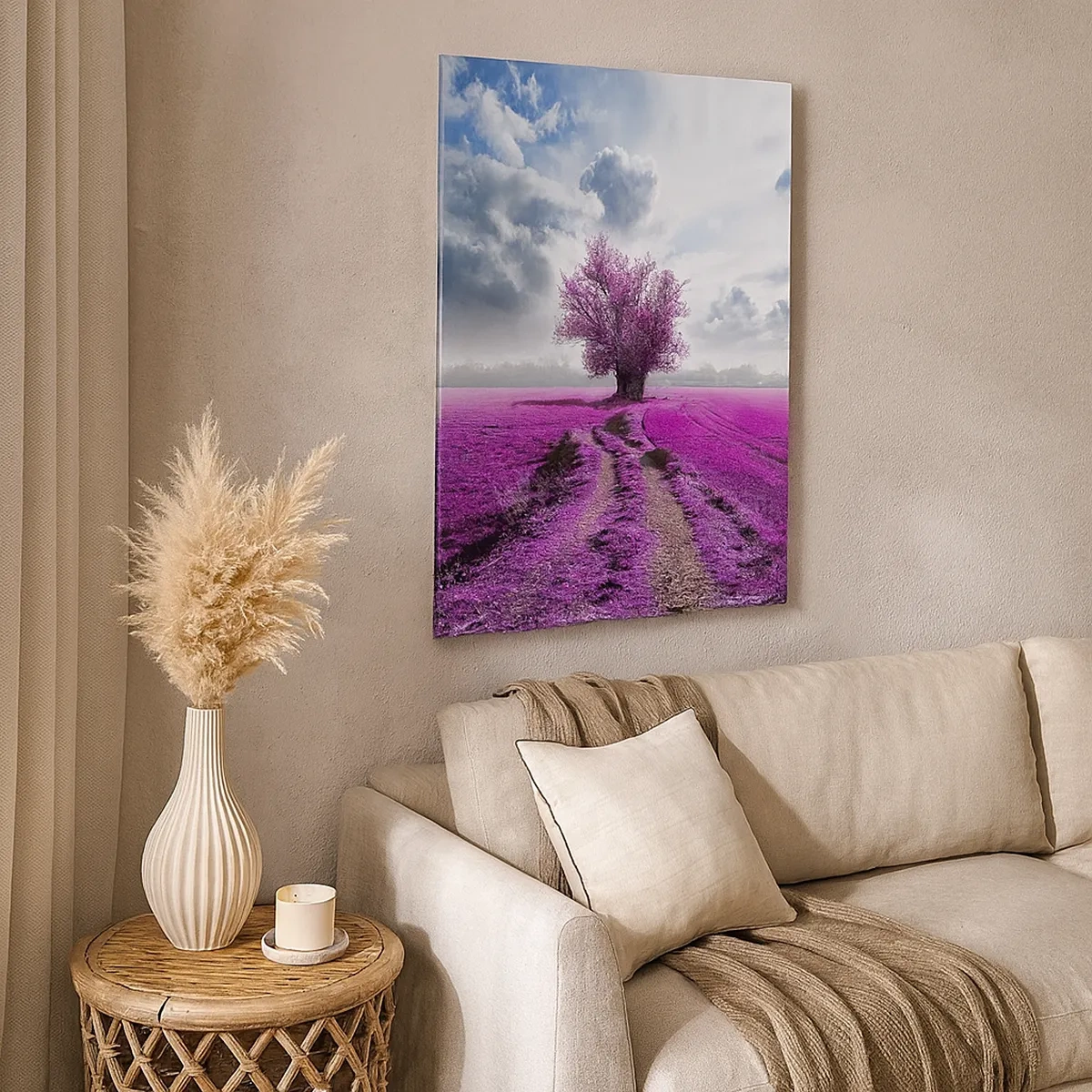 Cuadro sobre lienzo - Impresión de Imagen - Un árbol solitario en un campo de un tono rosa intenso. - 50x70cm - El brezal - un encanto - Decoración de pared moderna para salón y dormitorio ARTTOR