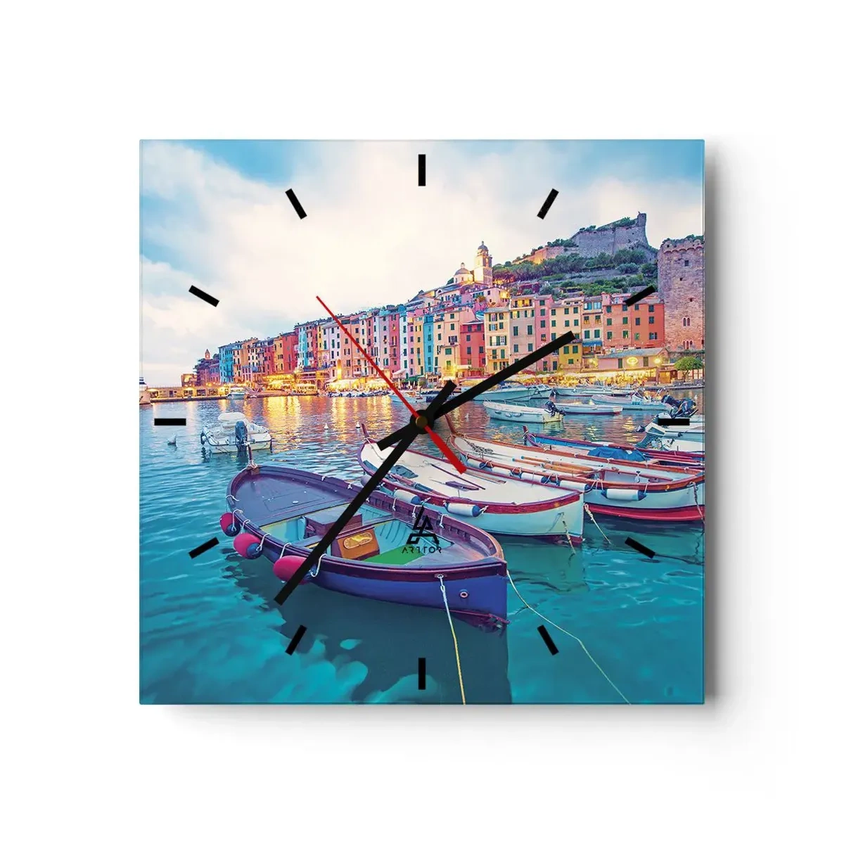 Reloj de pared - Reloj de vidrio - Una noche colorida en el puerto - 40x40 cm