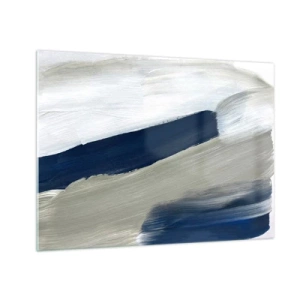 Cuadro sobre vidrio - Impresiones sobre Vidrio - Abstracción minimalista con trazos dinámicos de blanco, azul marino y gris. - 70x50cm - Encuentro con el blanco - Decoración de pared moderna para salón y dormitorio ARTTOR