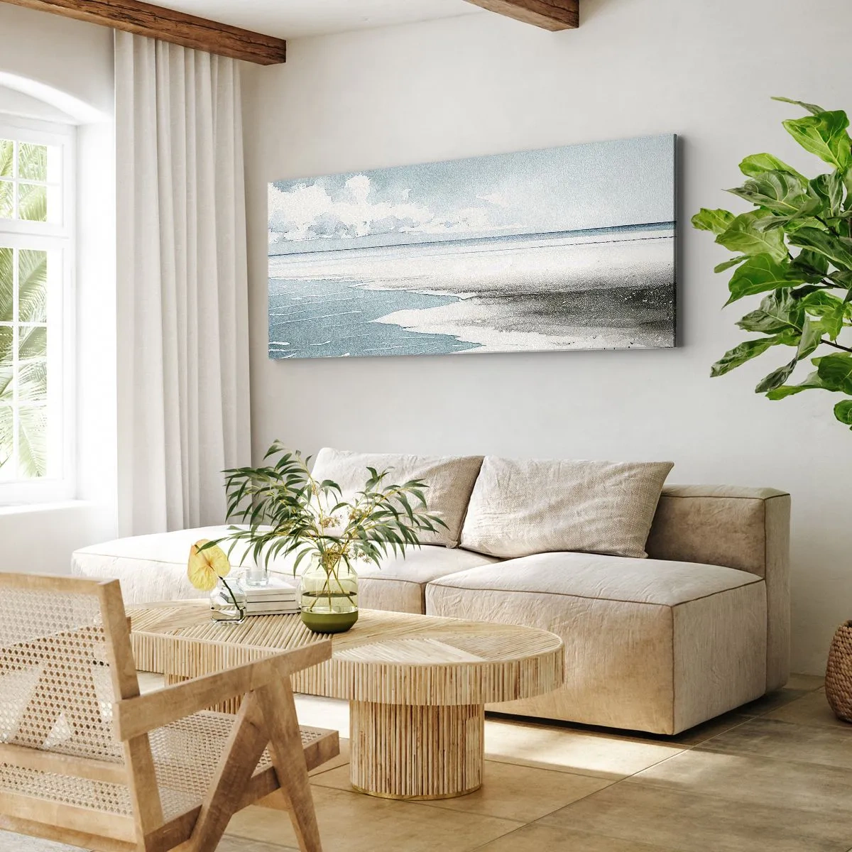 Cuadro sobre lienzo - Impresión de Imagen - Un mar tranquilo y una playa en tonos claros de azul. - 140x50cm - Suave marea otoñal - Decoración de pared moderna para salón y dormitorio ARTTOR