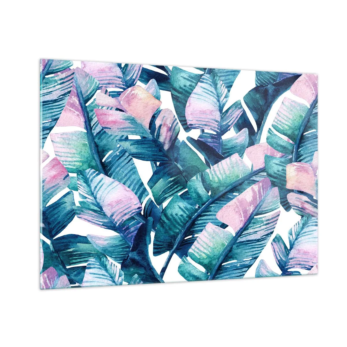 Cuadro sobre vidrio - Impresiones sobre Vidrio - Hojas de plátano en tonos pastel sobre un fondo blanco. - 100x70cm - En una plantación de plátanos - Decoración de pared moderna para salón y dormitorio ARTTOR