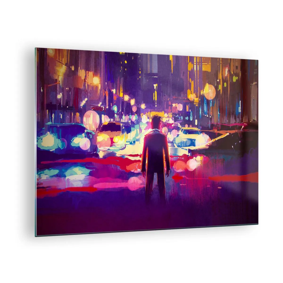 Cuadro sobre vidrio - Impresiones sobre Vidrio - Una figura en una luz nocturna urbana colorida y de estilo futurista. - 70x50cm - Inmerso en la luz - Decoración de pared moderna para salón y dormitorio ARTTOR