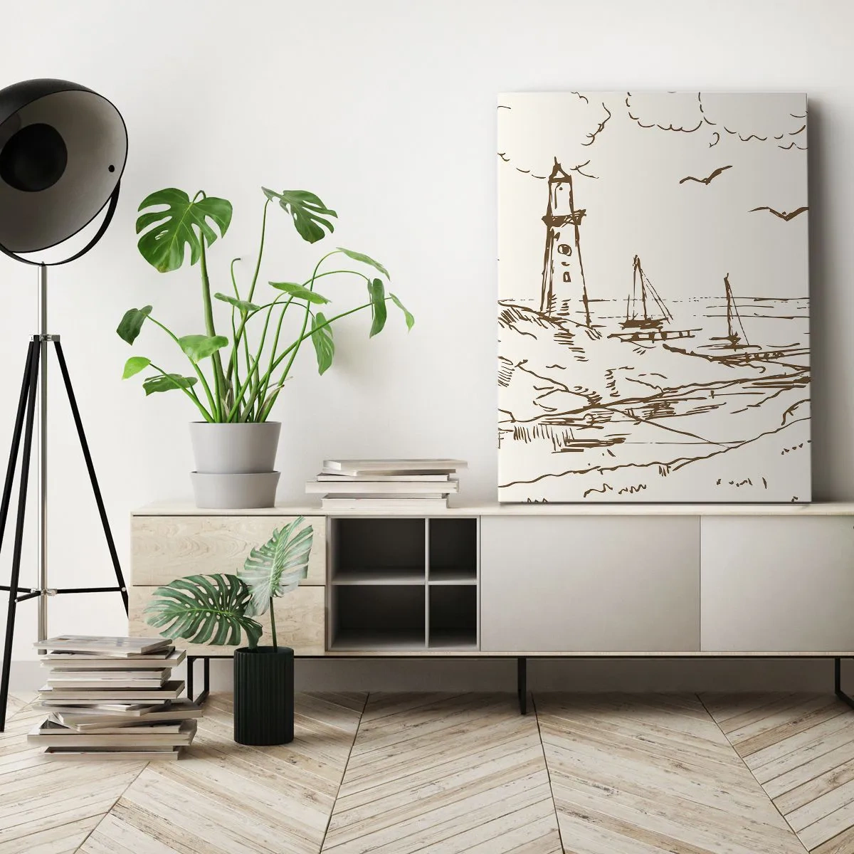 Cuadro sobre lienzo - Impresión de Imagen - Boceto de un faro con vistas al mar - 50x70cm - Un esbozo de un recuerdo de verano - Decoración de pared moderna para salón y dormitorio ARTTOR
