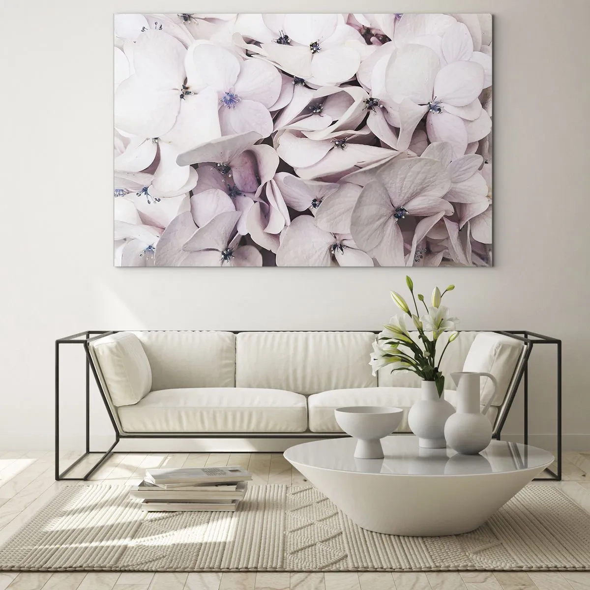 Cuadro sobre vidrio - Impresiones sobre Vidrio - Delicadas hortensias de color rosa claro en primer plano - 120x80cm - En un torrente de flores - Decoración de pared moderna para salón y dormitorio ARTTOR