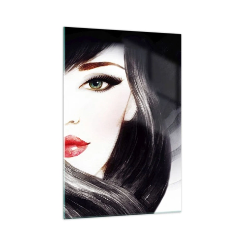 Cuadro sobre vidrio - Impresiones sobre Vidrio - Retrato de una mujer con mirada expresiva y labios rojos. - 70x100cm - Mirada de zafiro - Decoración de pared moderna para salón y dormitorio ARTTOR