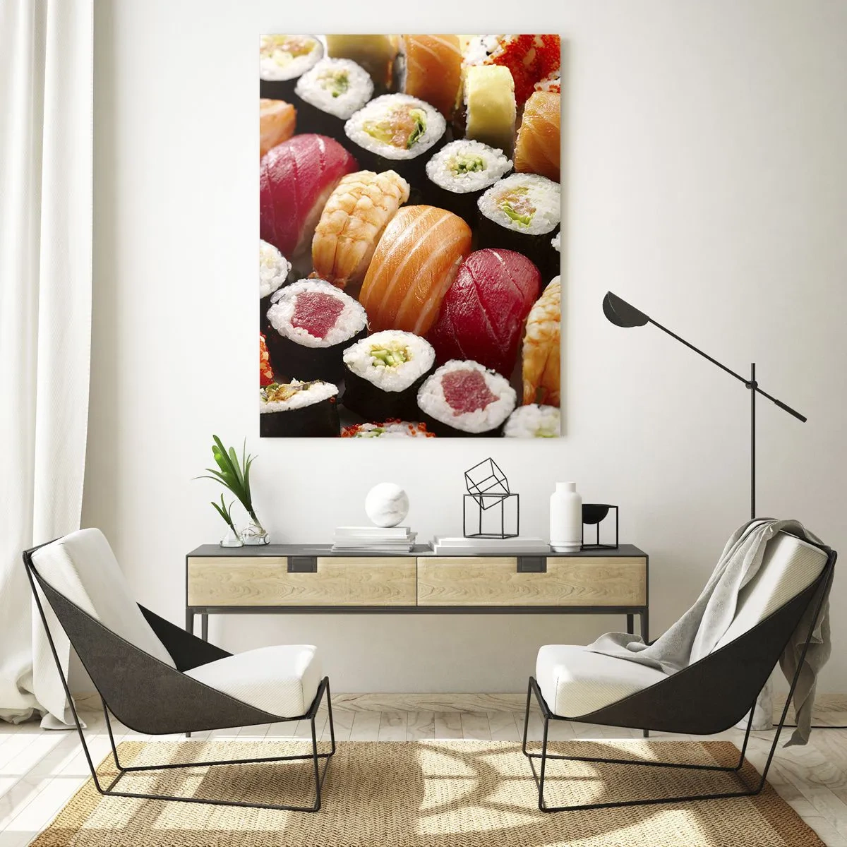 Cuadro sobre vidrio - Impresiones sobre Vidrio - Sushi colorido dispuesto en filas con diversos ingredientes. - 80x120cm - Colores y sabores de Asia - Decoración de pared moderna para salón y dormitorio ARTTOR