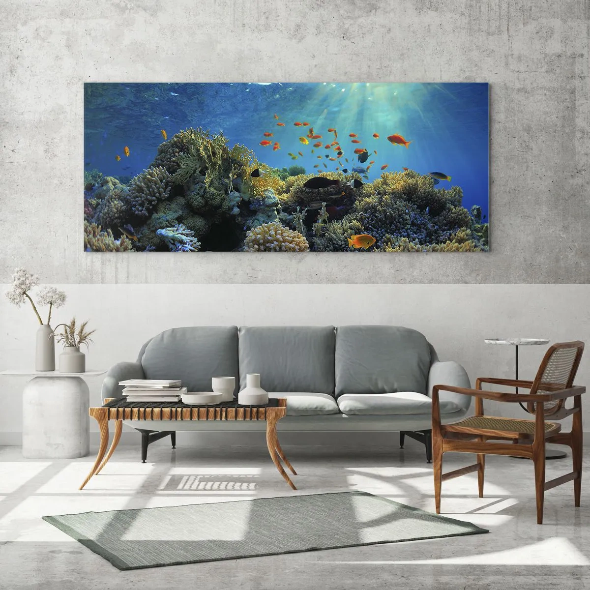 Cuadro sobre vidrio - Impresiones sobre Vidrio - Arrecife de coral con peces bajo los rayos del sol bajo el agua. - 160x50cm - Tesoros submarinos - Decoración de pared moderna para salón y dormitorio ARTTOR