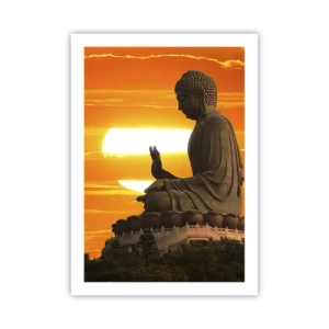 Póster - Una estatua de Buda contra un cielo naranja. - 50x70cm - Sin miedo al mundo - Decoración de pared moderna para salón y dormitorio ARTTOR