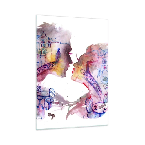 Cuadro sobre vidrio - Impresiones sobre Vidrio - Ilustración de un retrato abstracto de dos personas en forma de corazón. - 50x70cm - Un puente secreto de suspiros - Decoración de pared moderna para salón y dormitorio ARTTOR