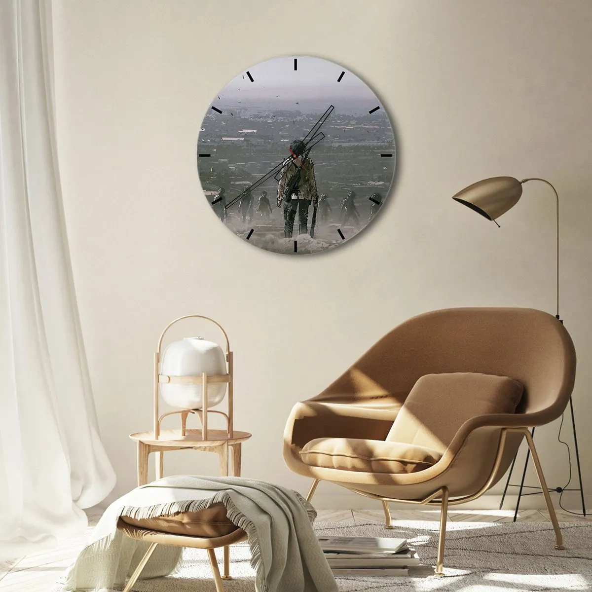 Reloj de pared - Reloj de vidrio - Una figura con una pistola en el contexto de una ciudad y una niebla misteriosa. - 30x30cm - Soy leyenda - Decoración de pared moderna para salón, cocina y dormitorio ARTTOR