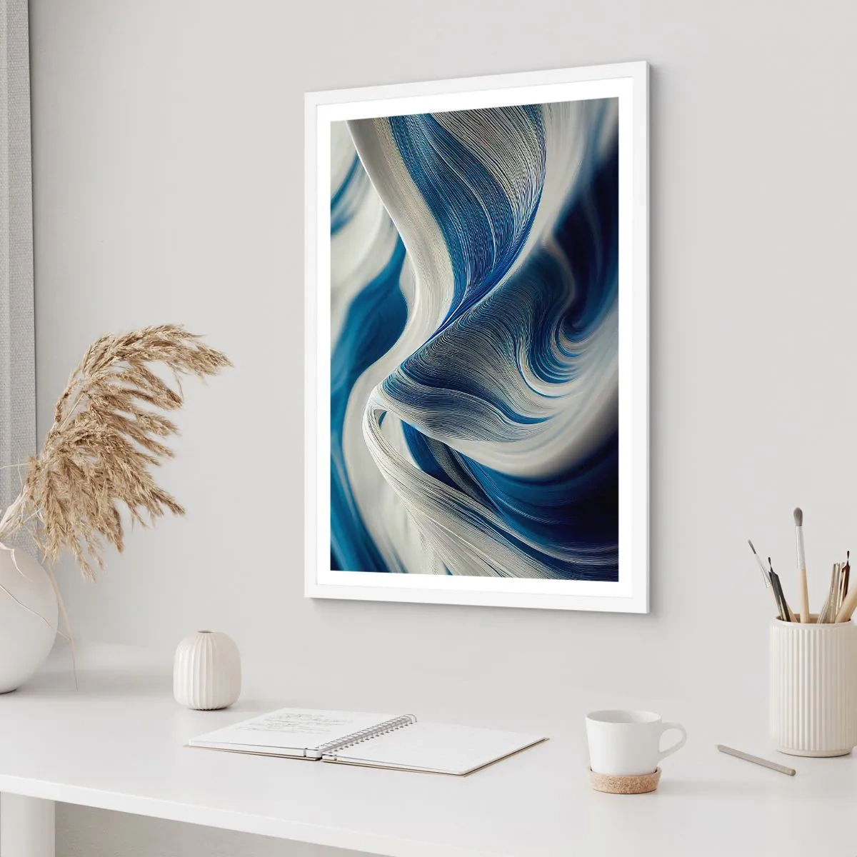 Póster en marco blanco - Fluidez de azul y blanco - 40x50 cm
