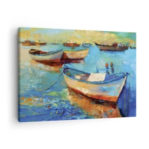 Cuadro sobre lienzo - Impresión de Imagen - Barcos coloridos amarrados en aguas tranquilas - 70x50cm - En la bahía sur - Decoración de pared moderna para salón y dormitorio ARTTOR