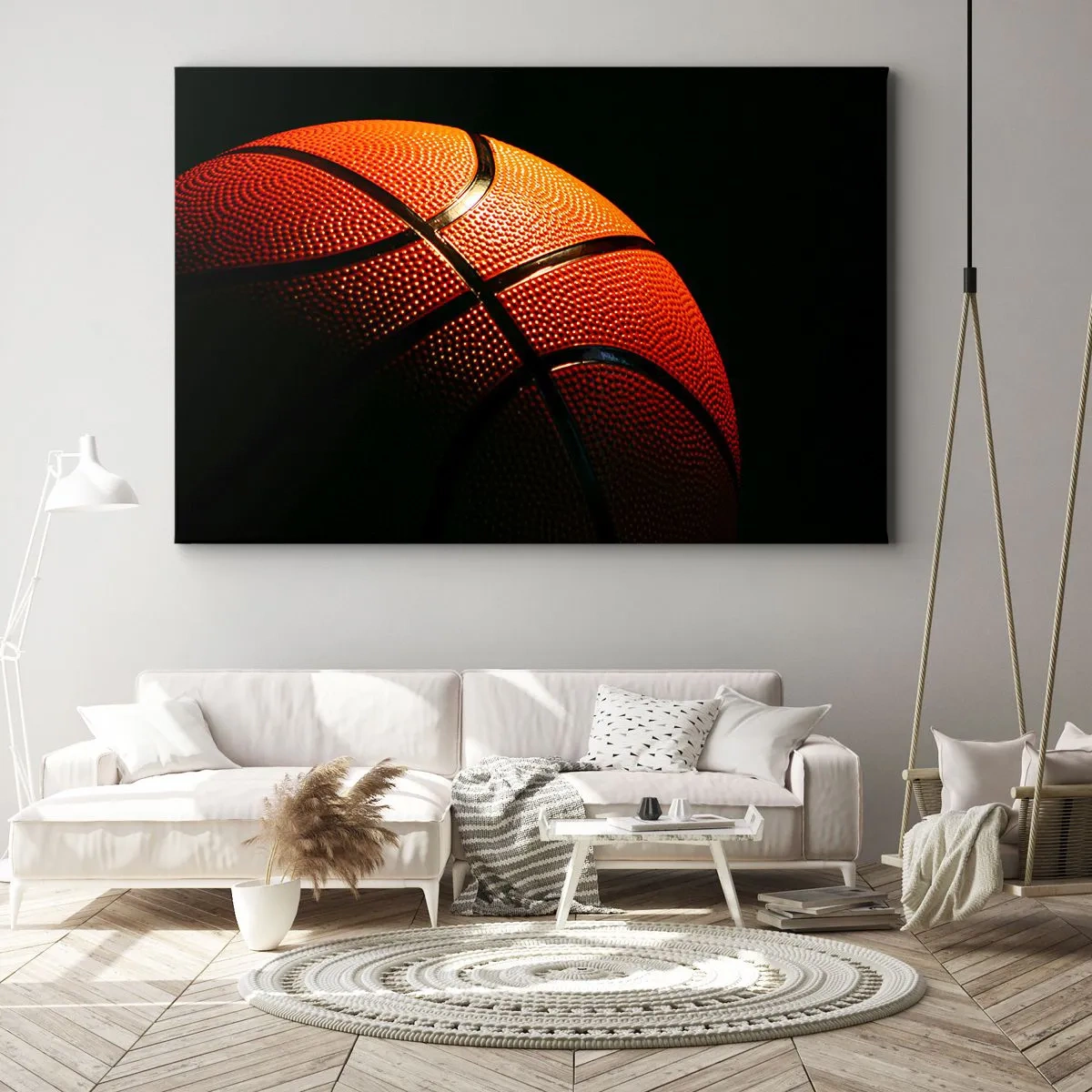 Cuadro sobre lienzo - Impresión de Imagen - Primer plano de una pelota de baloncesto sobre un fondo negro - 70x50cm - Hermoso como un planeta - Decoración de pared moderna para salón y dormitorio ARTTOR