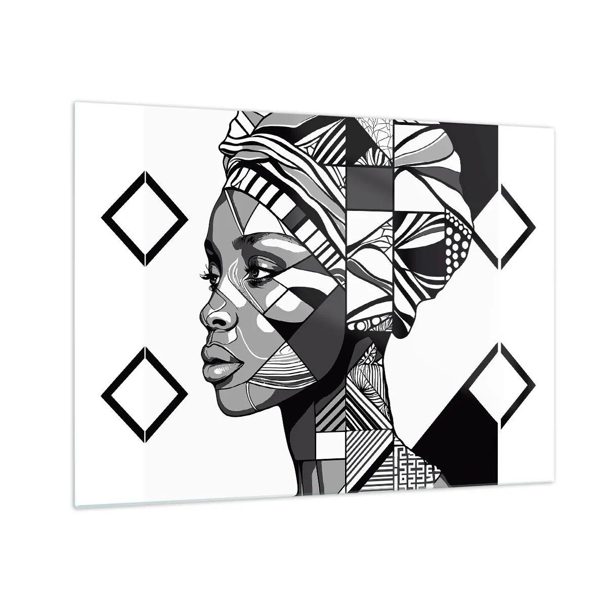 Cuadro sobre vidrio - Impresiones sobre Vidrio - Retrato étnico en blanco y negro de una mujer con patrones geométricos. - 70x50cm - Retrato étnico - Decoración de pared moderna para salón y dormitorio ARTTOR