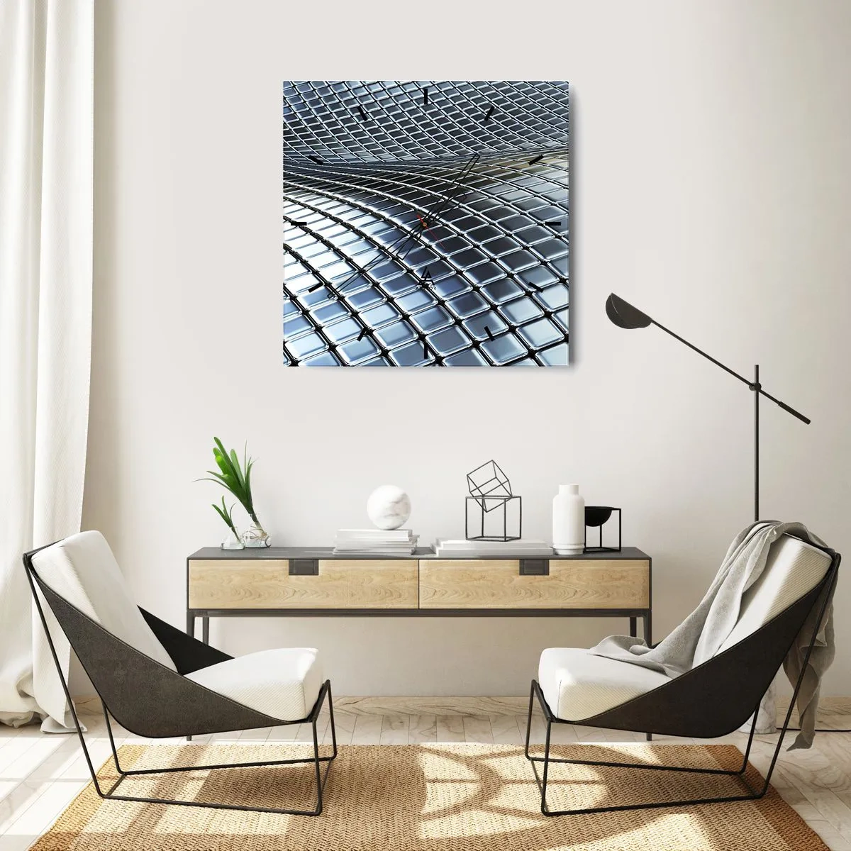 Reloj de pared - Reloj de vidrio - Estructura moderna de cuadrados metálicos. - 30x30cm - Ola de plata - Decoración de pared moderna para salón y dormitorio ARTTOR