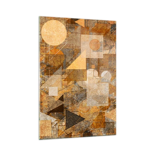 Cuadro sobre vidrio - Impresiones sobre Vidrio - Patrones geométricos abstractos en colores cálidos - 50x70cm - Estudio cubista en bronce - Decoración de pared moderna para salón y dormitorio ARTTOR