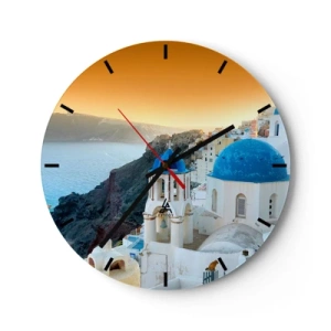 Reloj de pared - Reloj de vidrio - Santorini con vistas al mar al atardecer - 30x30cm - Santorini - el abrazo a las rocas - Decoración de pared moderna para salón, cocina y dormitorio ARTTOR