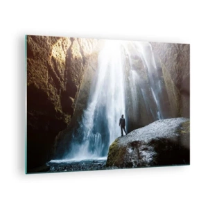 Cuadro sobre vidrio - Impresiones sobre Vidrio - Un hombre parado sobre una roca frente a una poderosa cascada a la luz del sol. - 70x50cm - Impresionante vista - Decoración de pared moderna para salón y dormitorio ARTTOR