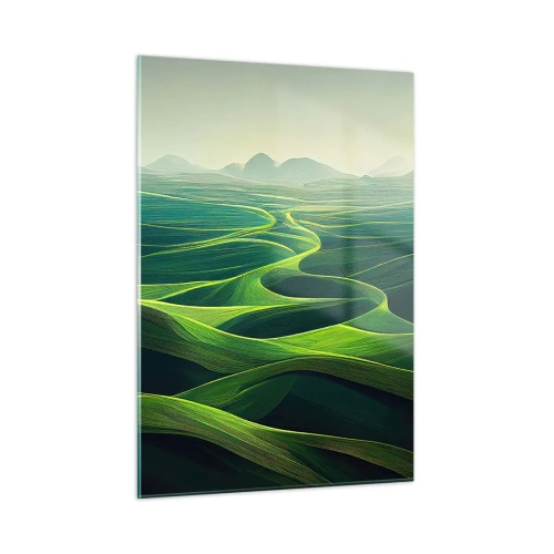 Cuadro sobre vidrio - Impresiones sobre Vidrio - Colinas y valles verdes iluminados por los rayos del sol. - 50x70cm - Valles en tonos verdes - Decoración de pared moderna para salón y dormitorio ARTTOR