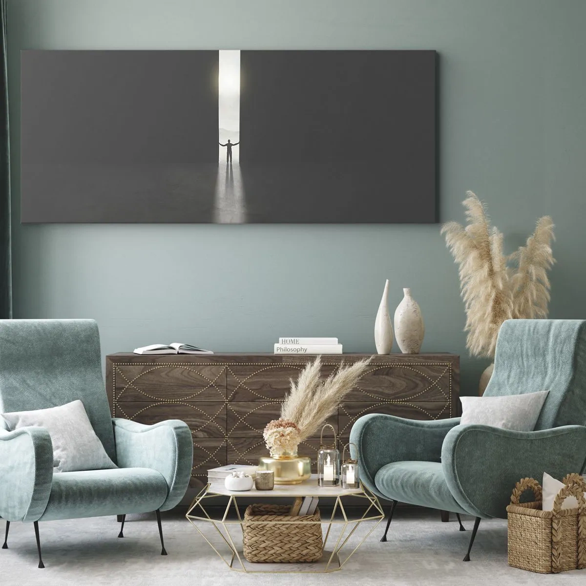 Cuadro sobre lienzo - Impresión de Imagen - Un hombre de pie a la luz de una estrecha rendija en un espacio oscuro. - 120x50cm - Un paso hacia un futuro brillante - Decoración de pared moderna para salón y dormitorio ARTTOR