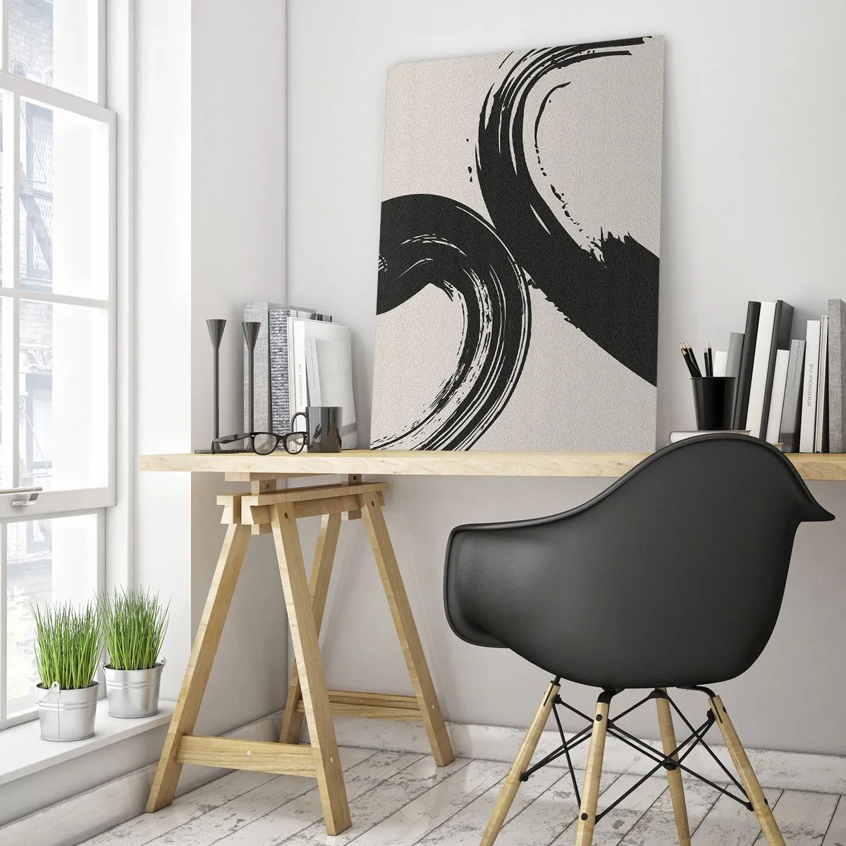 Cuadro sobre vidrio - Impresiones sobre Vidrio - Pinceladas dinámicas en negro sobre un fondo claro - 80x120cm - Barrido y circular - Decoración de pared moderna para salón y dormitorio ARTTOR