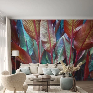 Fotomural Premium Sand - Hojas multicolores en densidad tropical - 100x70cm - Un matorral de colores - Decoración de pared moderna para salón y dormitorio ARTTOR