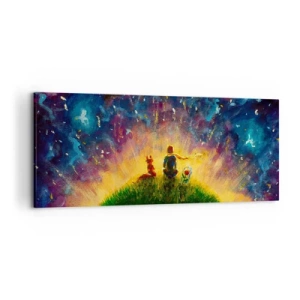 Cuadro sobre lienzo - Impresión de Imagen - Figuras en una colina verde rodeada de un cielo estrellado. - 120x50cm - Amor y amistad - lo único entero - Decoración de pared moderna para salón y dormitorio ARTTOR