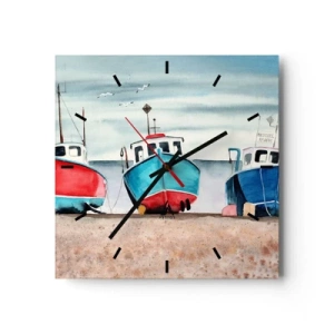 Reloj de pared - Reloj de vidrio - Coloridos barcos de pesca en la orilla en un paisaje marino - 30x30cm - Listos para la pesca - Decoración de pared moderna para salón y dormitorio ARTTOR