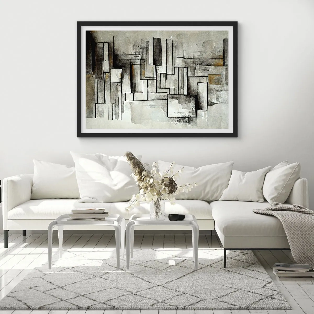 Póster en marco negro - Rectángulos abstractos en tonos de gris y negro. - 100x70cm - El poder de la sencillez - Decoración de pared moderna para salón y dormitorio ARTTOR