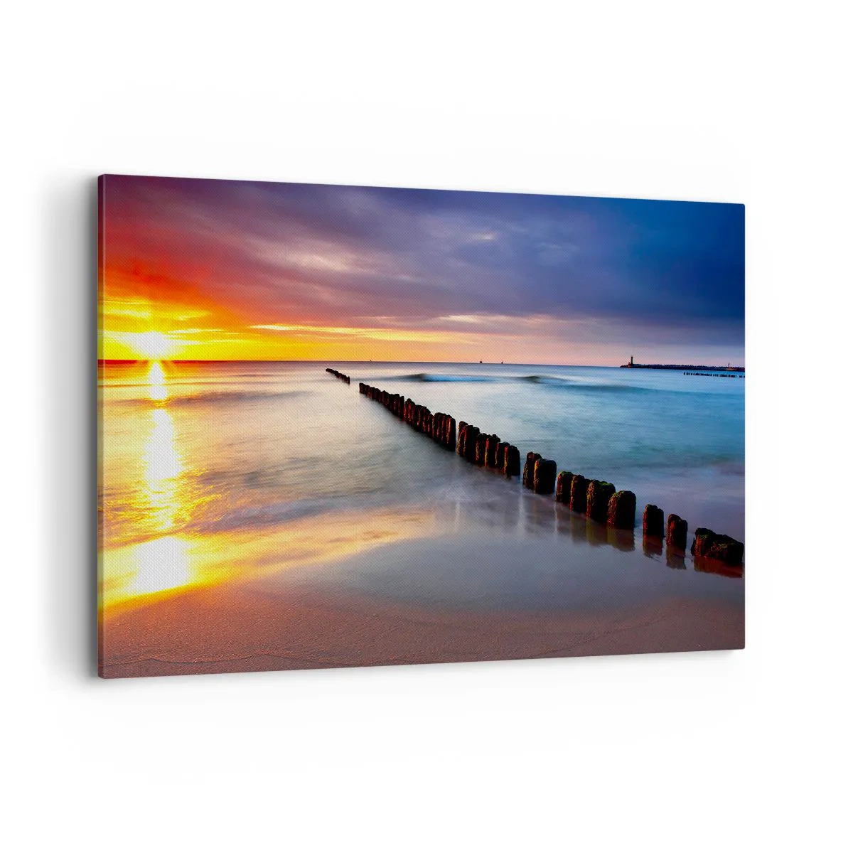 Cuadro sobre lienzo - Impresión de Imagen - Puesta de sol sobre el mar con un rompeolas en primer plano - 120x80cm - Escuchar el silencio - Decoración de pared moderna para salón y dormitorio ARTTOR