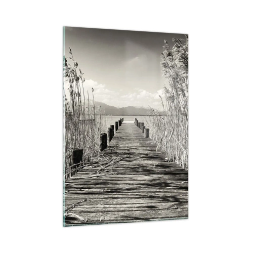 Cuadro sobre vidrio - Impresiones sobre Vidrio - Un puente de madera atraviesa la hierba y cruza un lago tranquilo. - 50x70cm - En la quietud de los juncos - Decoración de pared moderna para salón y dormitorio ARTTOR