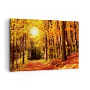 Cuadro sobre lienzo - Impresión de Imagen - Bosque otoñal con rayos de sol brillando a través de los árboles. - 100x70cm - Un otoño dorado en una carretera forestal - Decoración de pared moderna para salón y dormitorio ARTTOR