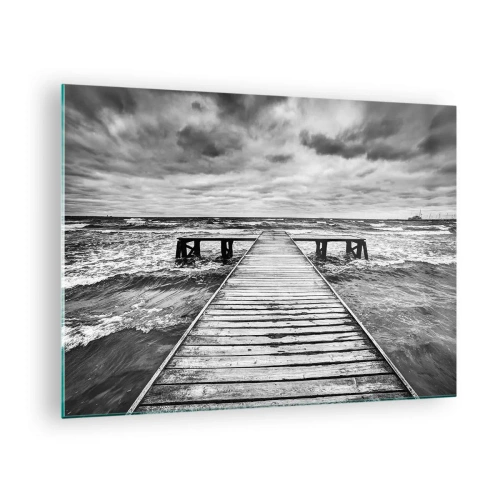 Cuadro sobre vidrio - Impresiones sobre Vidrio - Un embarcadero blanco y negro en medio de olas agitadas - 70x50cm - Estoy esperando que sople el viento... - Decoración de pared moderna para salón y dormitorio ARTTOR