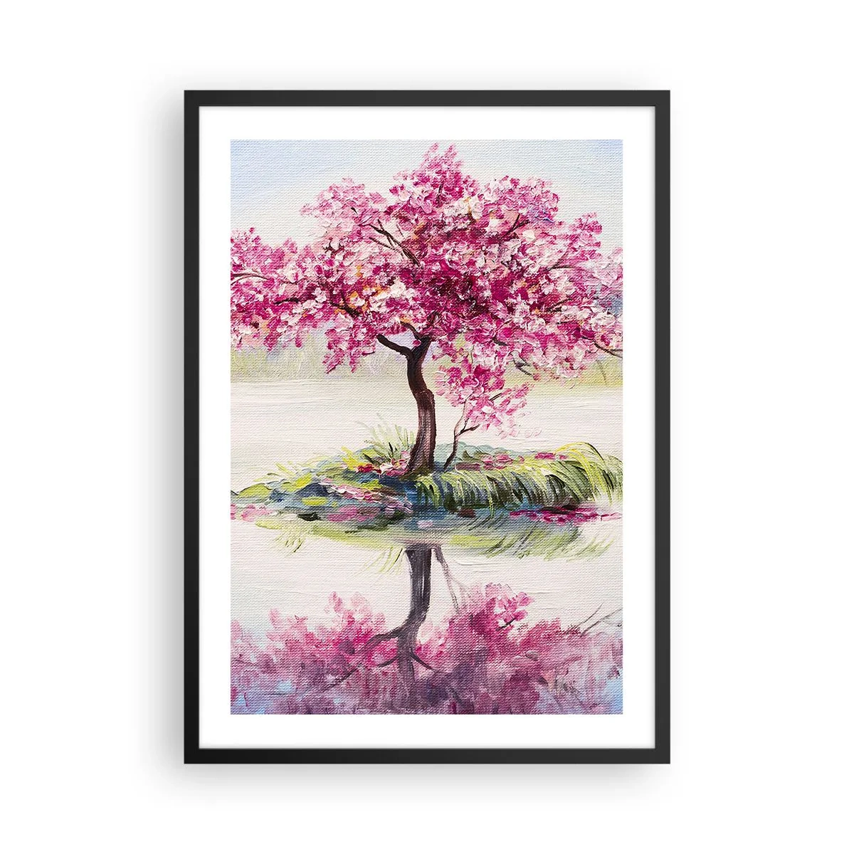 Póster en marco negro - Un cerezo junto a un lago tranquilo - 50x70cm - Una celebración de la primavera - Decoración de pared moderna para salón y dormitorio ARTTOR