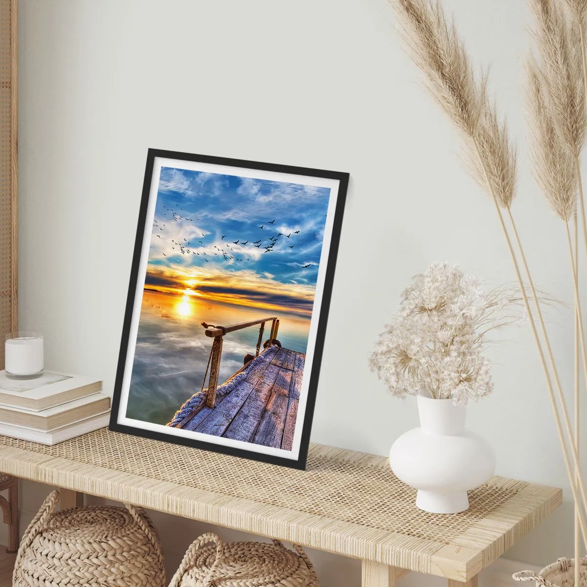 Póster en marco negro - Muelle de madera sobre el lago al atardecer - 50x70cm - El viento se va a descansar - Decoración de pared moderna para salón y dormitorio ARTTOR