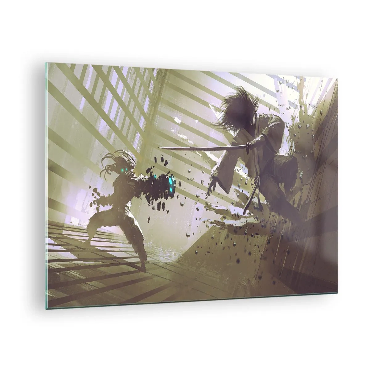 Cuadro sobre vidrio - Impresiones sobre Vidrio - Duelo de samuráis en una escena dinámica - 70x50cm - Y puedes ser un samurai - Decoración de pared moderna para salón y dormitorio ARTTOR
