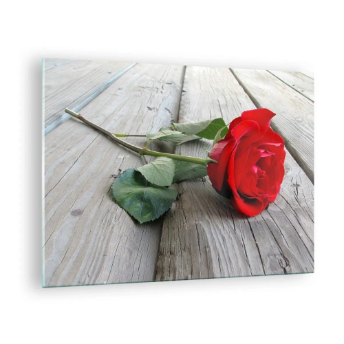 Cuadro sobre vidrio - Impresiones sobre Vidrio - Rosa roja sobre una tabla de madera - 70x50cm - Estudio en escarlata - Decoración de pared moderna para salón y dormitorio ARTTOR